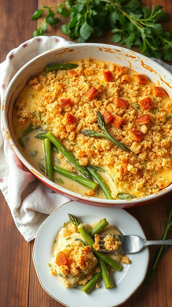 Creamy cheesy asparagus casserole in a baking dish, topped with crispy breadcrumbs, served on a rustic wooden table.